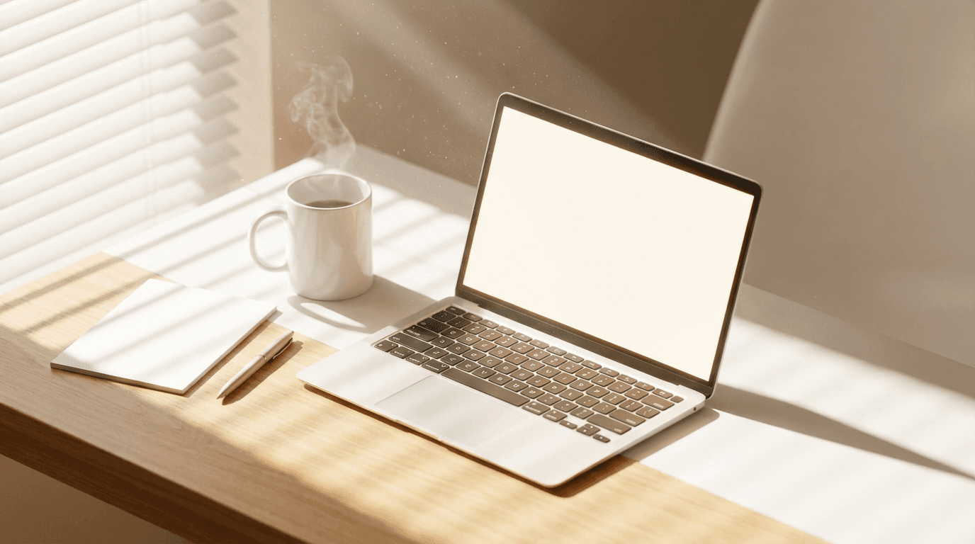Clean wooden desk with an open ledger book and fountain pen in soft California sunlight