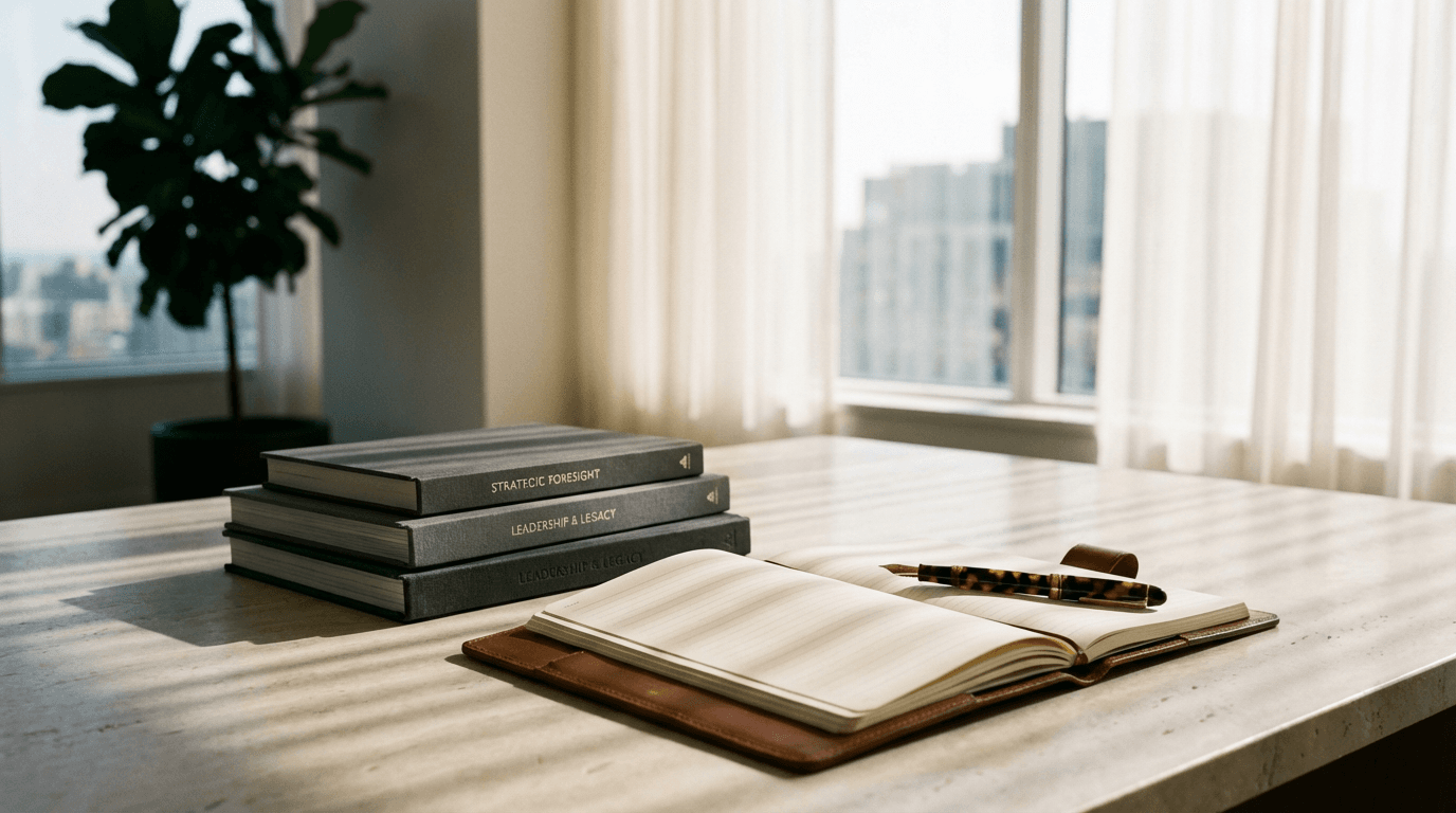 Open ledger on a desk with a pen and lamp in a quiet office