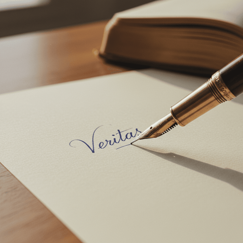 Hand holding fountain pen over an open ledger