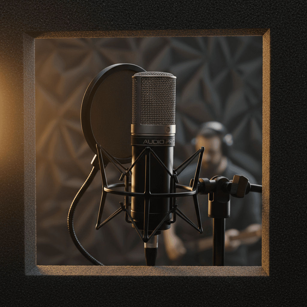 Hand holding a podcast microphone