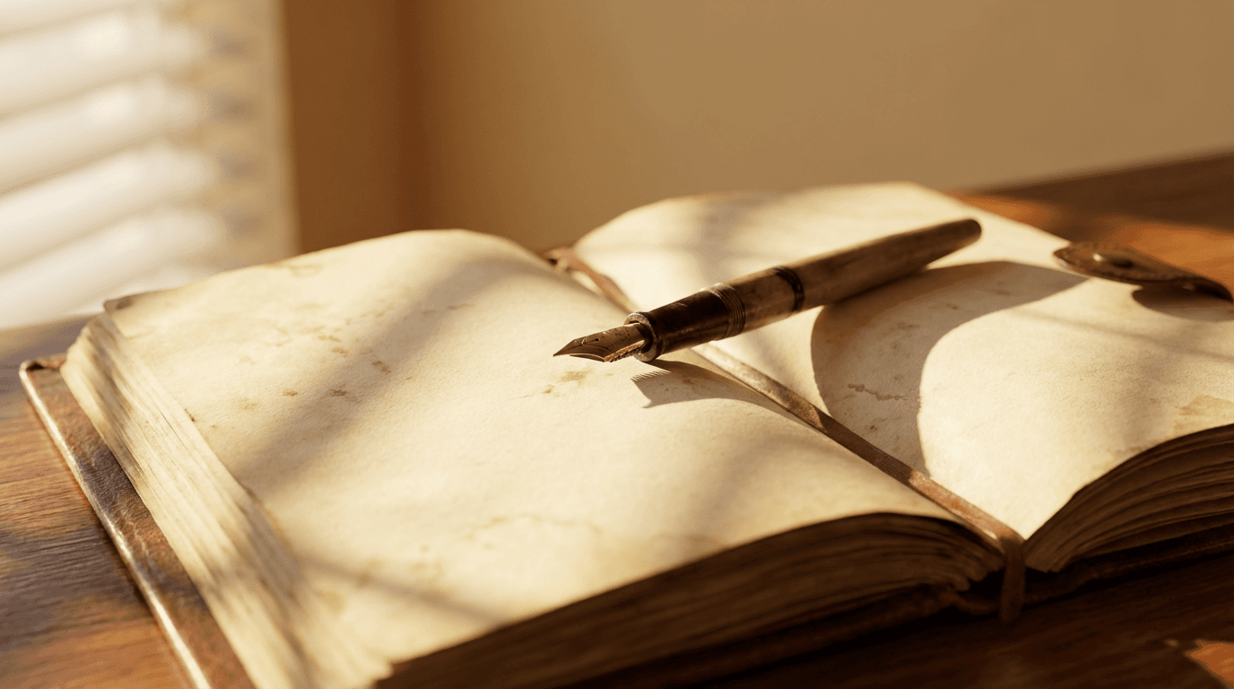 Open accounting ledger on a wooden desk with a pen beside it