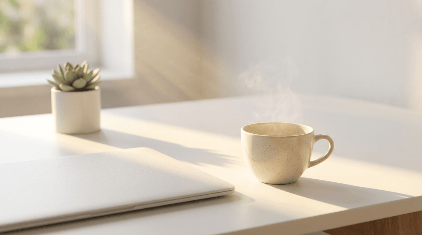 Clean desk with laptop, papers, and coffee by a window