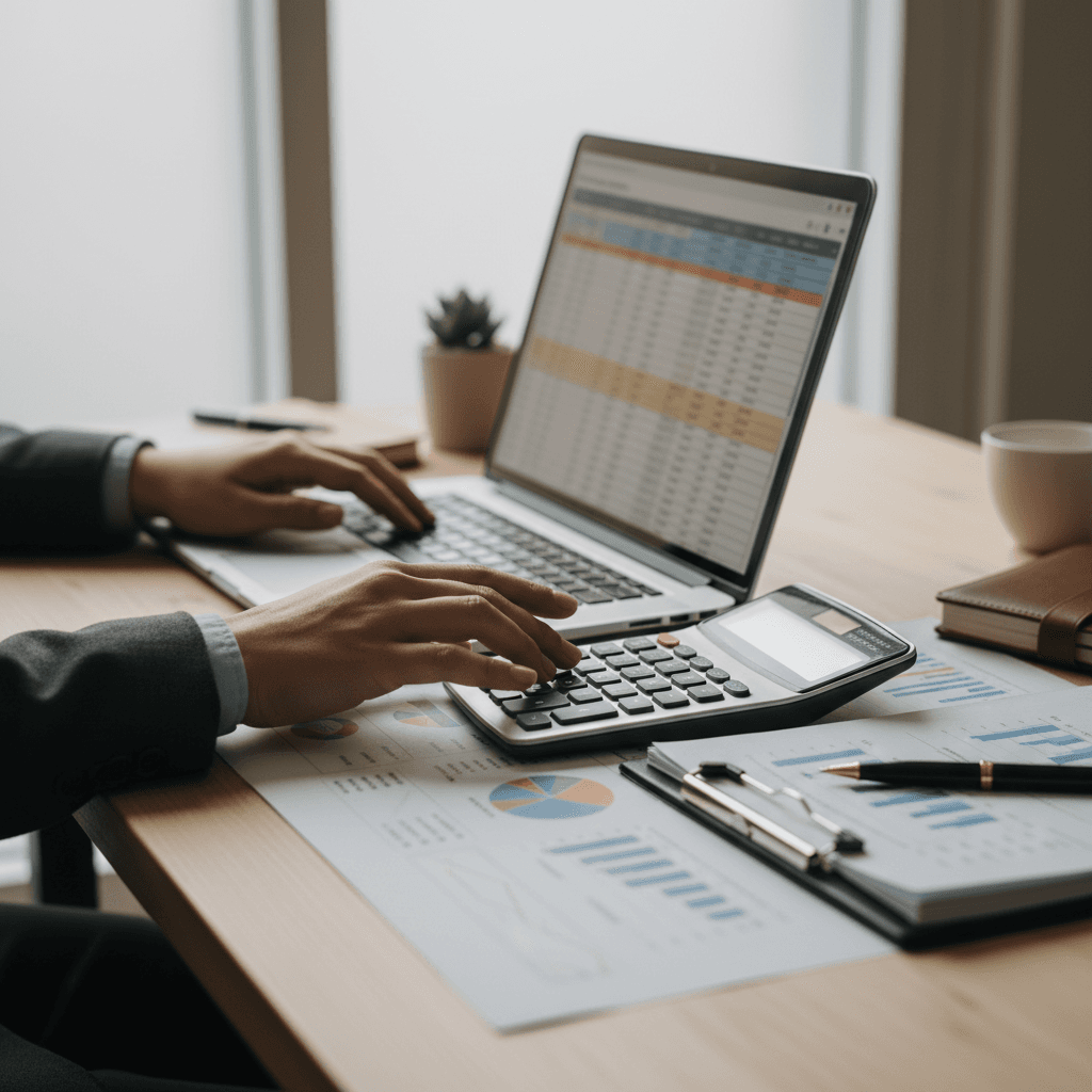 Accountant hands reviewing financial documents and entering data into laptop spreadsheet at organized desk