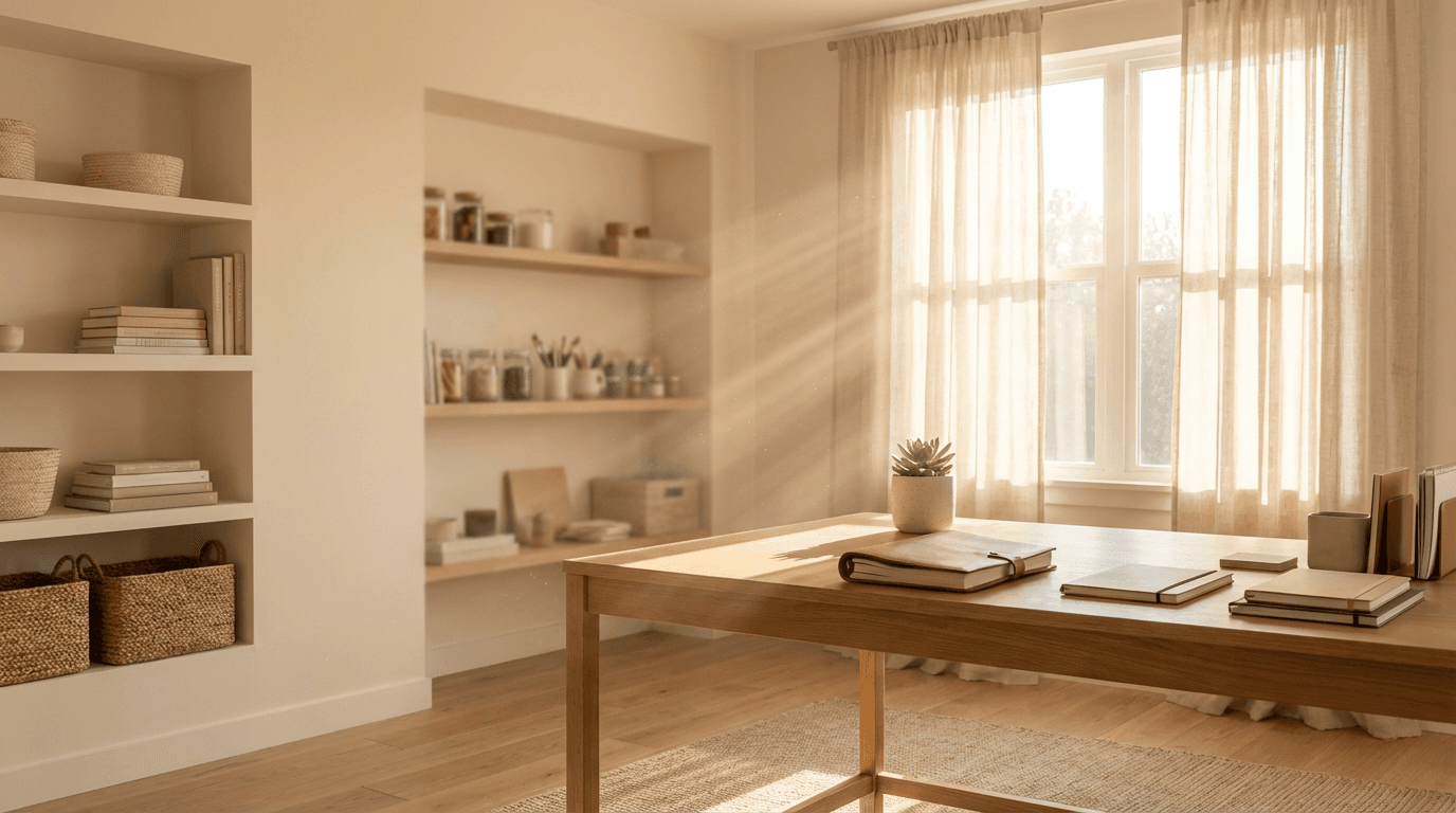 Accountant working at a desk with papers and laptop in a bright home office