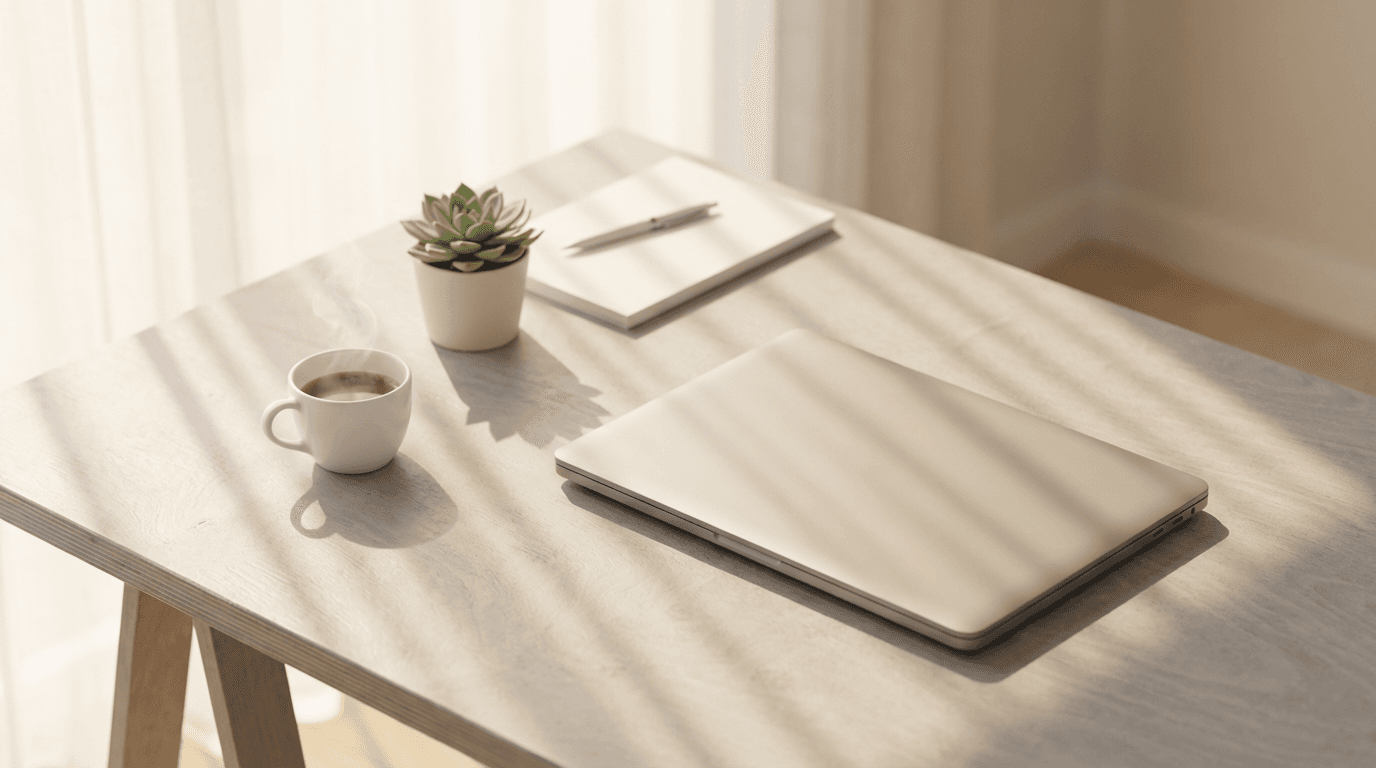 Small desk with laptop and papers
