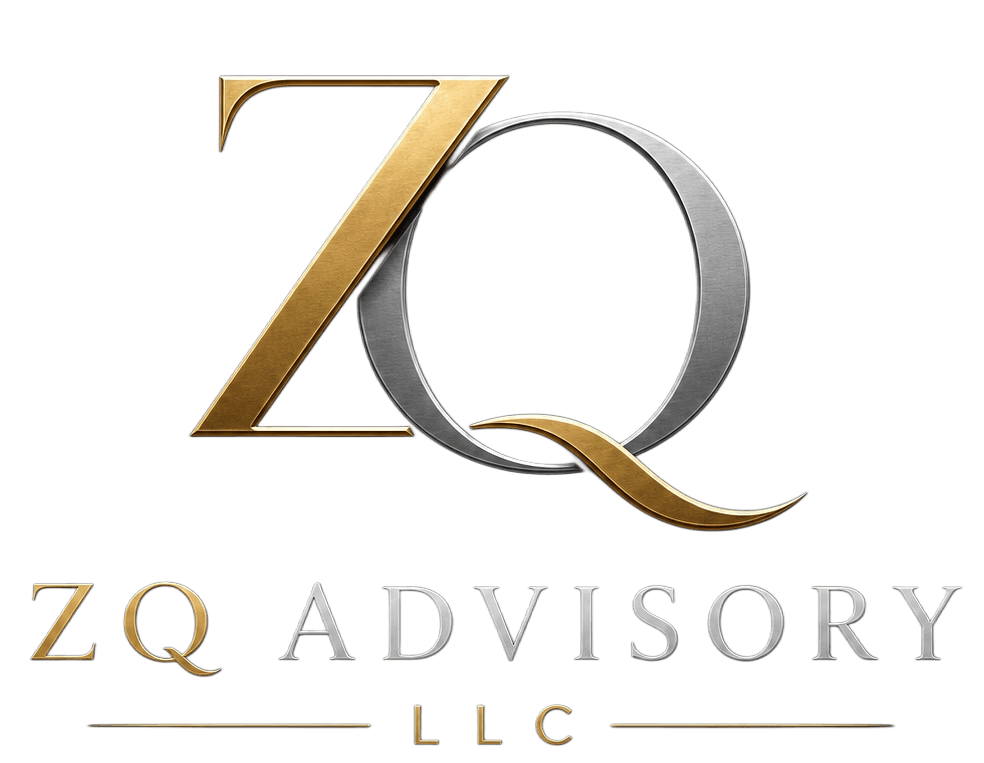 Stylized gold Z and silver Q monogram for ZQ Advisory LLC on black background.